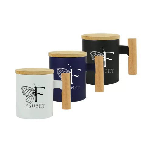 Ceramic Coffee Mugs with Bamboo Handle and Lid