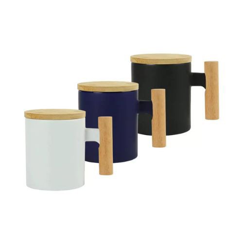 Ceramic Coffee Mugs with Bamboo Handle and Lid