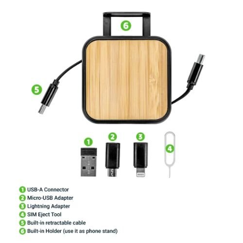 Retractable 60W Charging Cable Set Bamboo | Corporate Gifts Supplier Dubai